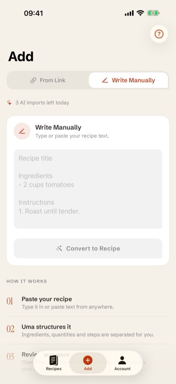 Adding a recipe from a link in Uma!