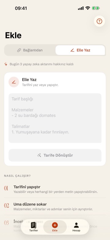 Uma!'da bağlantıdan tarif ekleme