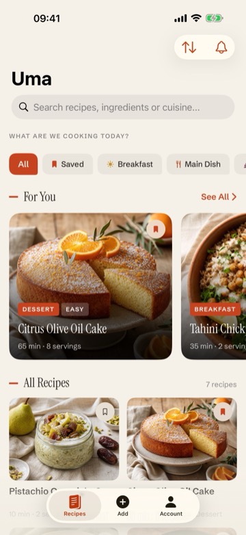 The Uma! recipe library on iPhone
